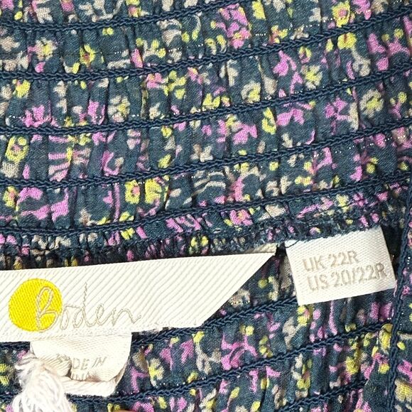 Boden Smocked Yoke Mini Dress Women's 20 Blue Pleated Tie Belt Cuff Sleeve Boho - Picture 5 of 10